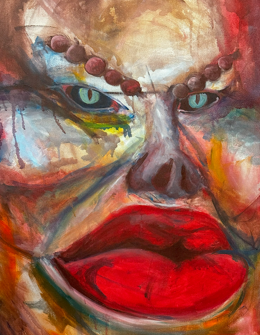 painting of a face with injections and cat eyes